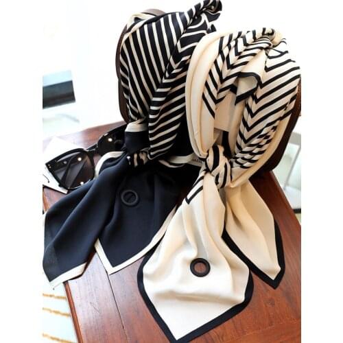Women Scarves 2021 Spring and Summer New Ladies Black and White Striped Silk Square Scarf or Shawl