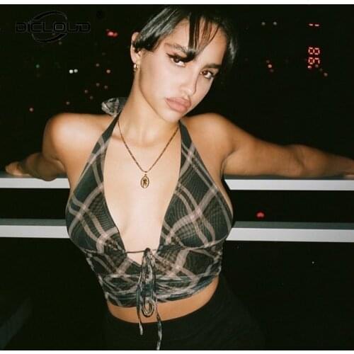 Chic Street Girls Plaid Mesh Top Women 2021 Summer Sexy Backless Halter Crop Tops Fashion Party Club Skinny Bralette Top Femme