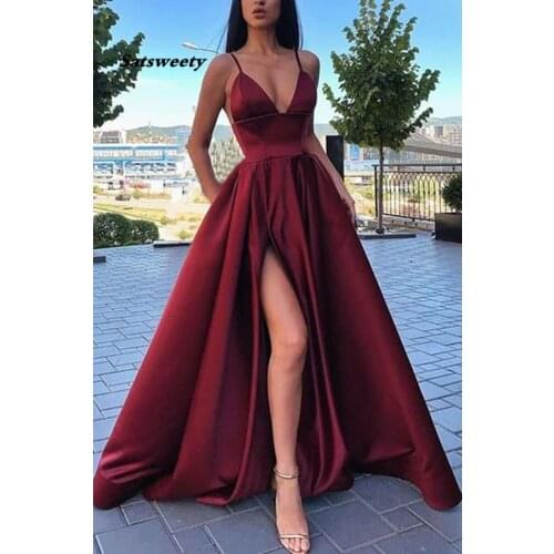 Sexy Straps Long Burgundy Satin Prom Dresses with Leg Slit V-neck Floor Length Arabic Evening Gowns robe High Quality