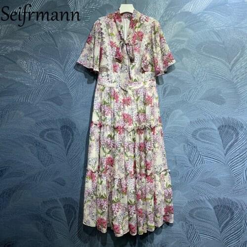 Seifrmann New 2021 Summer Women Fashion Runway Party Long Dress Half Sleeve Bow High Waist Patchwork Ruffles Printed Dresses