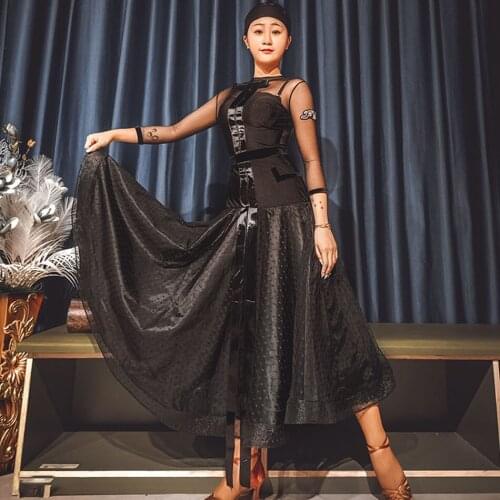 2020 New Latin Dance Dress Women TL629 See Through Patchword Performance Costume Dancing Cloth Belly Chacha Ballroom Dresses