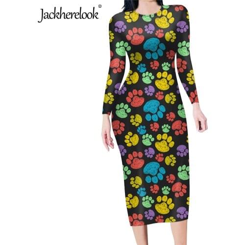 Jackherelook Animal Paw Pattern Elegant Women Overknee Midi Pencil Dress Autumn Long Sleeve Sexy Bodycon Dresses Vestidos Femme