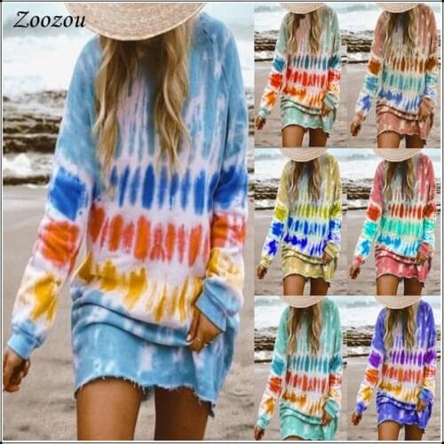 Autumn Woman Tie Dye Print Dresses Fashion Long Sleeve O Neck Gradient Color Dress fashion Plus Size Beach Dresses New Arrivals