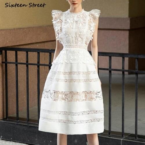 Embroidery Evening Lace Dresses for Woman White Sleeveless High Waisted Party Dress Woman Vestido O-neck Hollow Out Runway Dress