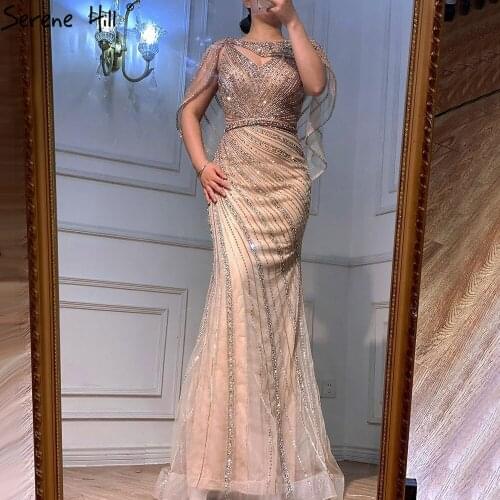 Serene Hill Luxury Gold Beaded Mermaid Evening Gown 2021 Diamond With Cape Sexy Sleeveless For Women Formal Party Dress CLA70910