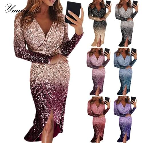 YMING Womens Fashion Long Vestidos Long Sleeve Gradient Vestidos Sequin Dinner Dresses Womens Long Dresses
