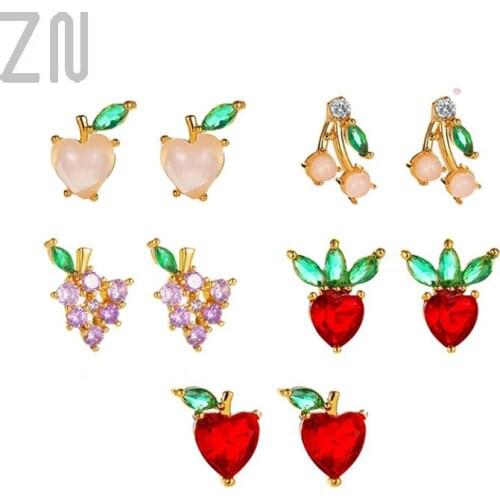 ZN New Shiny Zircon New Accessories Crystal Fruit Stud Earrings for Women Cute Cherry Peach Apple Grapes Gift Small Earrings