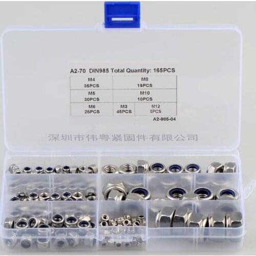 165Pcs/Lot Nylon Insert Lock Nuts M3/4/5/6/8/10/12 Nuts 304 Stainless Steel for Mechinal Use Nylon Jam Nuts Set with Storage Box