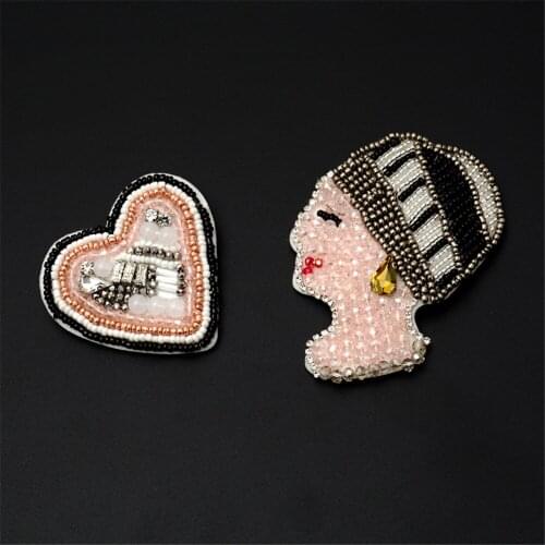 AHYONNIEX 1 Piece Pink Lady head beads rhinestones heart patches sew on beading applique clothes shoes bags decoration patch DIY