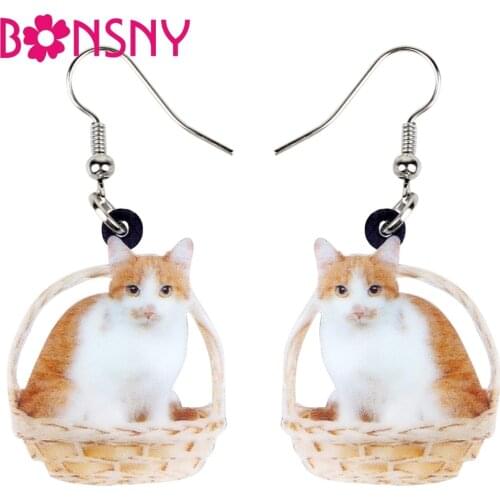 Bonsny Acrylic Sweet Elegant Cat Kitten Basket Earrings Big New Fashion Charms Animal Jewelry For Women Girls Gift Wholesale Pet
