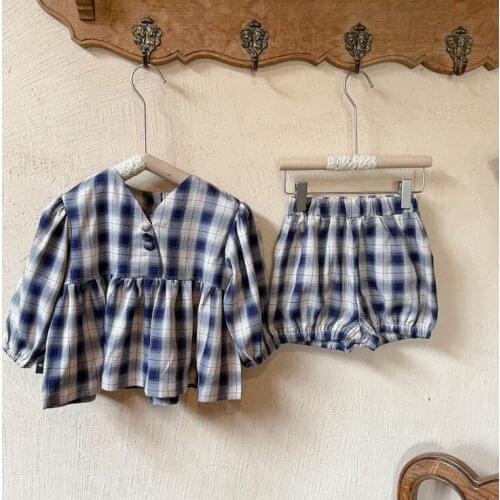 2021 Korea style girls boys 2 pcs set plaid shirt+shorts autumn cotton kids suit 1-7 years WS358