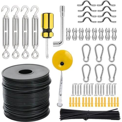 Outdoor Light Guide Wire rope Suspension Kit Black pvc Coated Stainless Steel Cable Length 50meter Turnbuckle and Hooks