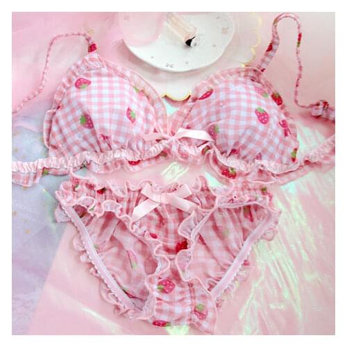 Lolita Womens Cute Strawberry Print Bra & Panties Lingerie Set Japanese Girl Bras Briefs Underwear Set Women Bra and Panty Set