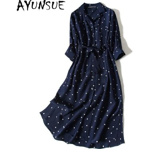 AYUNSUE Summer Real Silk Dress Women 2021 Retro Polka Dot Shirt Dress Female Midi Elegant Vintage Dresses for Women Casual J6521