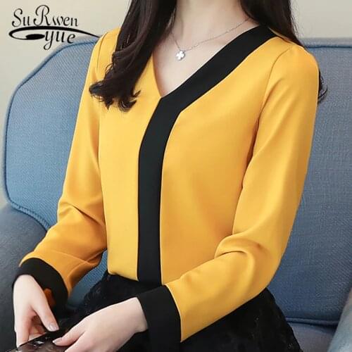 2021 fashion chiffon shirt women blouse long sleeve pachwork women tops V-neck womens clothing shirts office lady D826 30