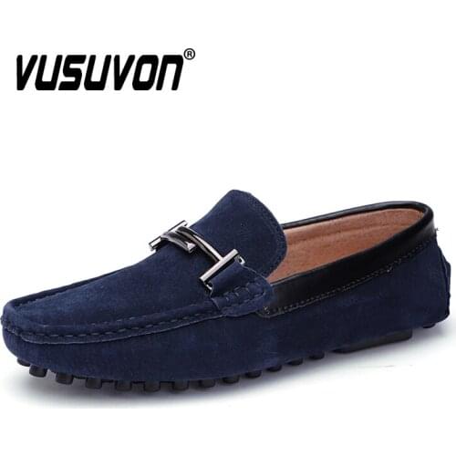 Loafers Men Slip On Genuine Leather Driving Shoes Outdoor Casual Boat Shoes Fashion Metal Decor Blue Soft Moccasin for Men