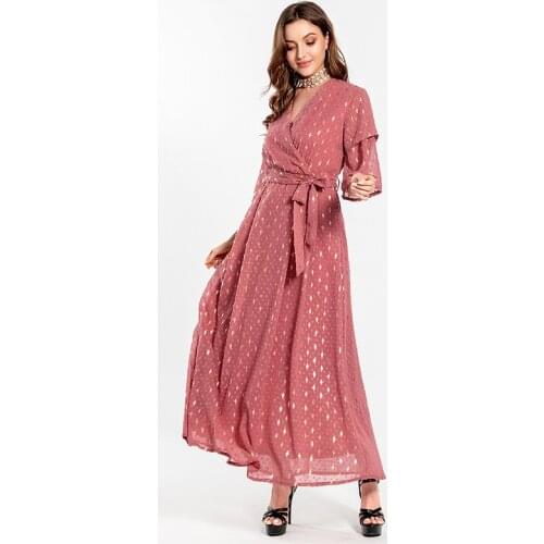 Muslim National Clothing Bronzing Brick Red Saudi Dubai V-neck Long Dress Luxurious Temperament Womens Banquet Dress Abayas