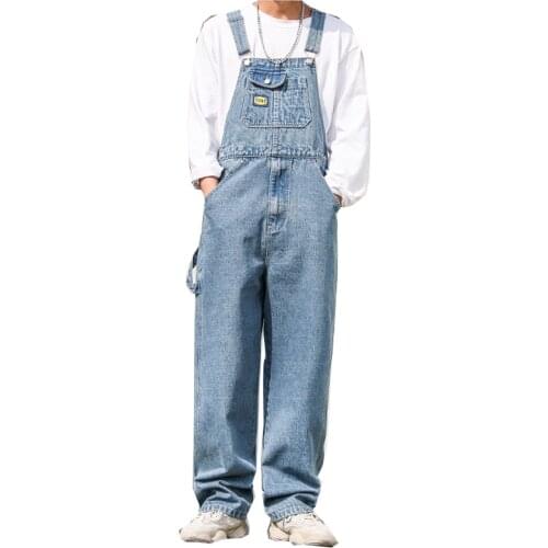 Mens bib overalls blue light blue Japanese and Korean jeans solid color casual pants clothing 2021 new