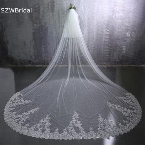 New Arrival Two Layers Cathedral Wedding Veil with Comb Lace Appliques Bridal Veils Free shipping Wedding accessories