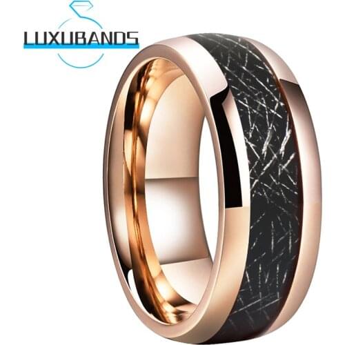 8MM 6MM Rose Gold Tungsten Carbide Wedding Rings For Women Black Meteorite Inlay Engagement Bands Polished Finished Comfort Fit