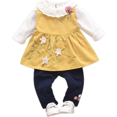 1-3 Years Baby Girl Clothing Spring Fall 3-Piece Set Toddler Kids Top+Vest+Pants Suit Children Cute Embroidered Flowers Clothes