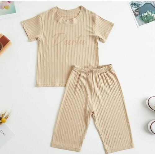 Kids Boy Pajamas Set Children Girl Summer Stripe Solid Cotton Sleepwear Teenager Short Sleeve Top+Pants 2Pcs Loungewear Clothes