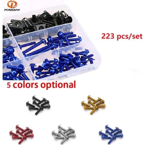 POSSBAY 223Pcs/Set CNC Alloy M6 M5 Fairing Bolts Kit Bodywork Screws Nuts 5 colors For Motorcycle Parts Bolt Screw Accessories