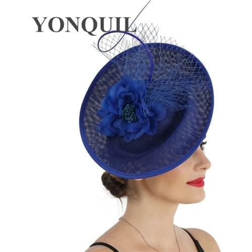 Chic New Fascinator Blue Wedding Hat Ladies Bride Big Headwear With Fancy Flower Wedding Headpiece Veils Hair Accessories Clip