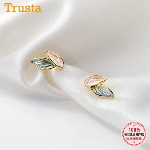 TrustDavis Real 925 Sterling Silver Fashion Sweet Plant Leaves Charm Stud Earrings For Women Wedding Party Fine Jewelry DA2326