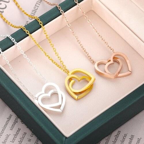 V Attract 10 pcs Handmade Double Heart Necklace W Valentines Day Jewellery Stainless Steel Chian Collares Pendant
