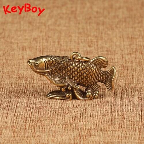 Vintage Brass Animal Arowana Fish Lucky Feng Shui Pendant for Key Chain Decors Men Car Key Chain Rings Hangings Keyrings Jewelry