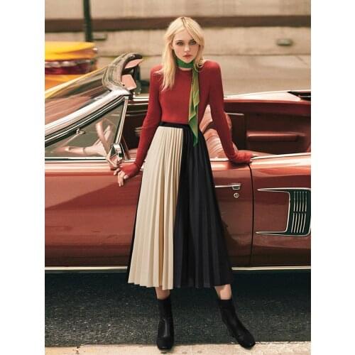 Women Chiffon Skirt Contrast Color Pleated Skirts Womens Elastic Waist Faldas Mujer Moda 2019 Summer Midi Skirt