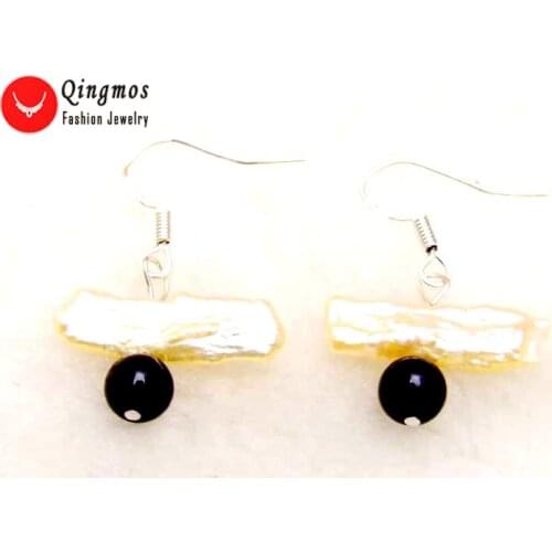 Qingmos 12-15mm Pink Freshwater Natural Biwa Pearl Earrings for Women with 6mm Round Black Jades Beads Dangle Hook Earring ea465