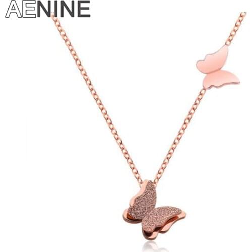 AENINE Cute Matte Double Butterfly Charms Necklace Rose Gold Color Stainless Steel Link Chain Neckalce Jewelry For Women AN17033