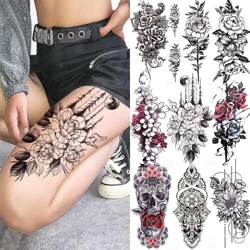 Star Planets Forest Tattoo Sticker For Women Fake Death Skull India Tribal Totem Tattoo Black Tree Tatoos Peony Flower Rose