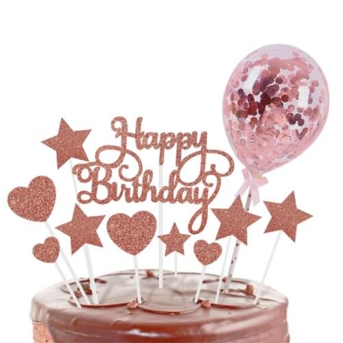 1set Rose Gold Cake Toppers Confetti Balloon Cake Decor Star Cupcake Decor Adult Happy Birthday Cake Decorations Tools Kid