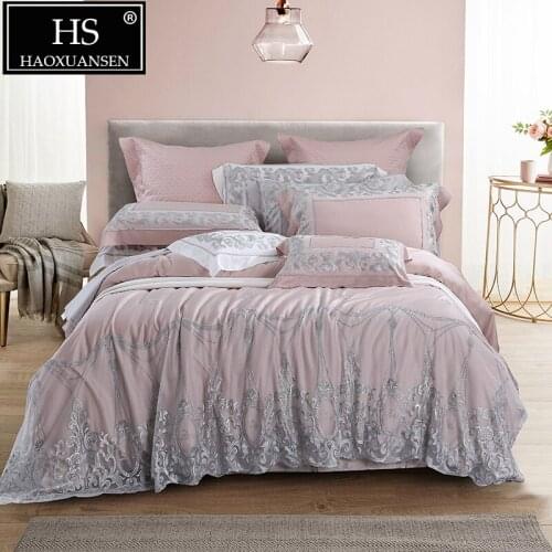 100% Tencel Lyocell Lace Princess 4 Piece Bedding Sets 800 Thread Count Pale Mauve Wedding Bedclothes Queen King Size Bed Set