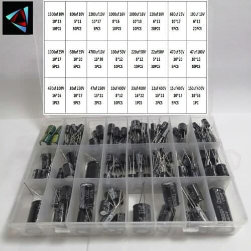 10V1500UF-400V150UF 213Pcs/lot 10UF-1500UF 24Values Aluminum Electrolytic Capacitors 10-400V mix Assorted kit and storage box
