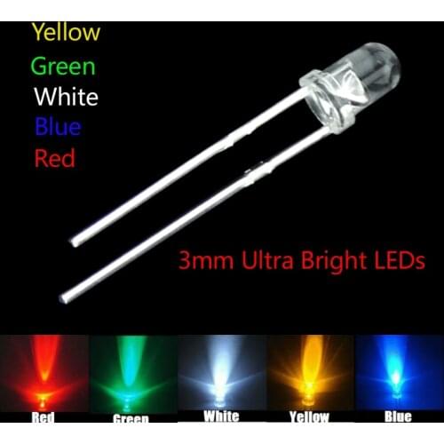 5 colors x100=500pcs 3mm New Round water clear Red/ Green/Blue/Yellow/White Water Clear LED Light Lamp combination packaging kit