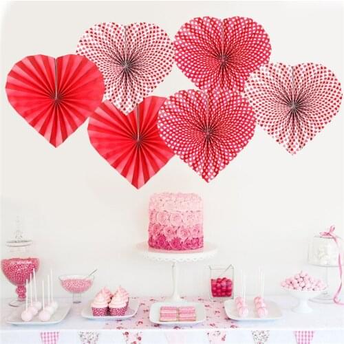 6 Pcs Hanging Paper Fans Set Decorative Red Folding Fans Party Decorations Love Shape Fan Wall Decor Paper Garlands Decoration