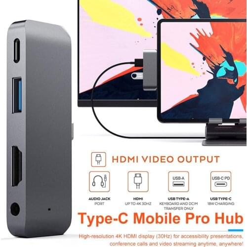 Aluminum Type-C Mobile Pro Hub Adapter with USB-C PD Charging 4K HDMI USB 3.0 3.5mm Headphone Jack for 2020 iPad Pro