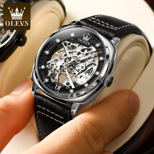 OLEVS Brand Skeleton Design Automatic Mechanical Watch Men Waterproof Sport Leather Strap Watches For Men Relogio Masculino