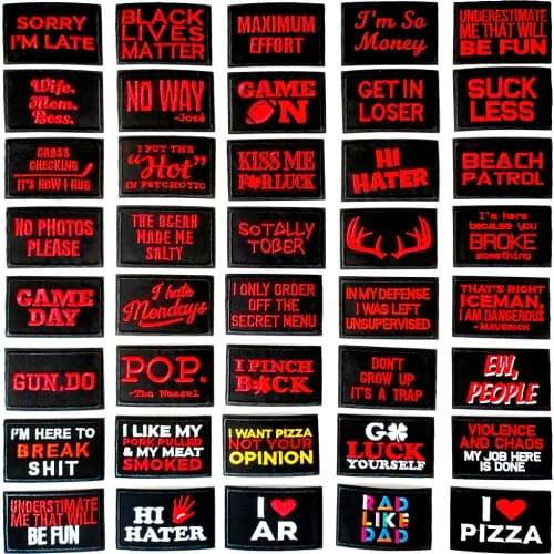 Black And Red Text Embroidered Applique Cute Patches Fabric Garment Apparel Accessories Badges