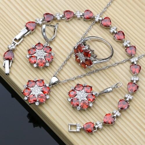 Cutely Costume Jewelry Kits Natural 925 Silver Jewelry Red CZ Birthstone Charm Fashion Jewelry Sets For Women Wedding And Gifts