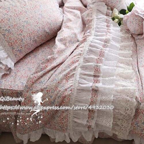 Korean Style Princess Fresh Floral Lace Craft 100% Cotton Bedding Pure Cotton Four-piece of Bed Skirt