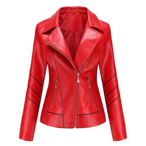 2021 Spring Autumn Faux Pu Leather Jackets Women Stripe Outerwear Pocket Zipper Coat Slim Biker Jacket Red Black Womens Clothing