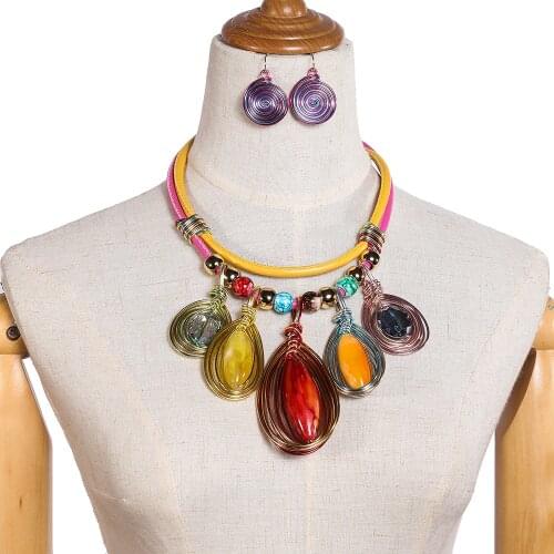 Liffly New Exaggerated Resin Necklace Set Tassel Necklace African Jewelry Necklace Earring Jewelry Sets