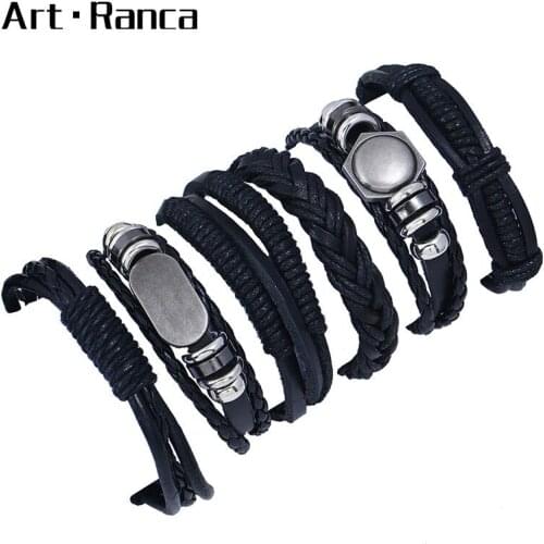 Fashionable multi-layer braided leather punk bracelet for men and women