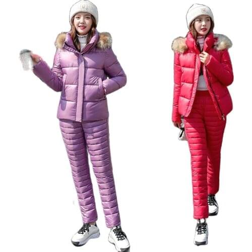 2021 Fashion Winter Two Piece Outfits For Women Long Sleeve Hooded Coat And Cotton pants Casual Parka Ladies Solid Thick Suit