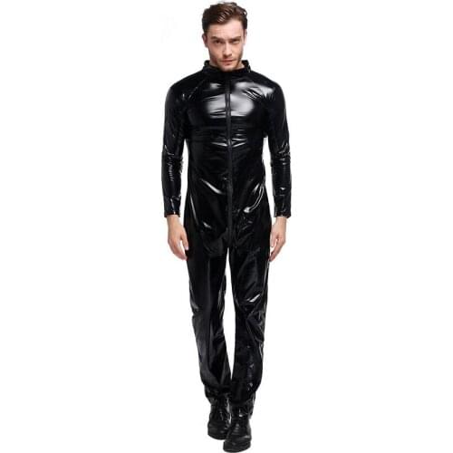 Men thick leather PVC Catsuit Black Wetlook Latex Full Bodysuit Sexy Zentai Catsuit Gay Male Leotard Open Crotch Zipper Jump